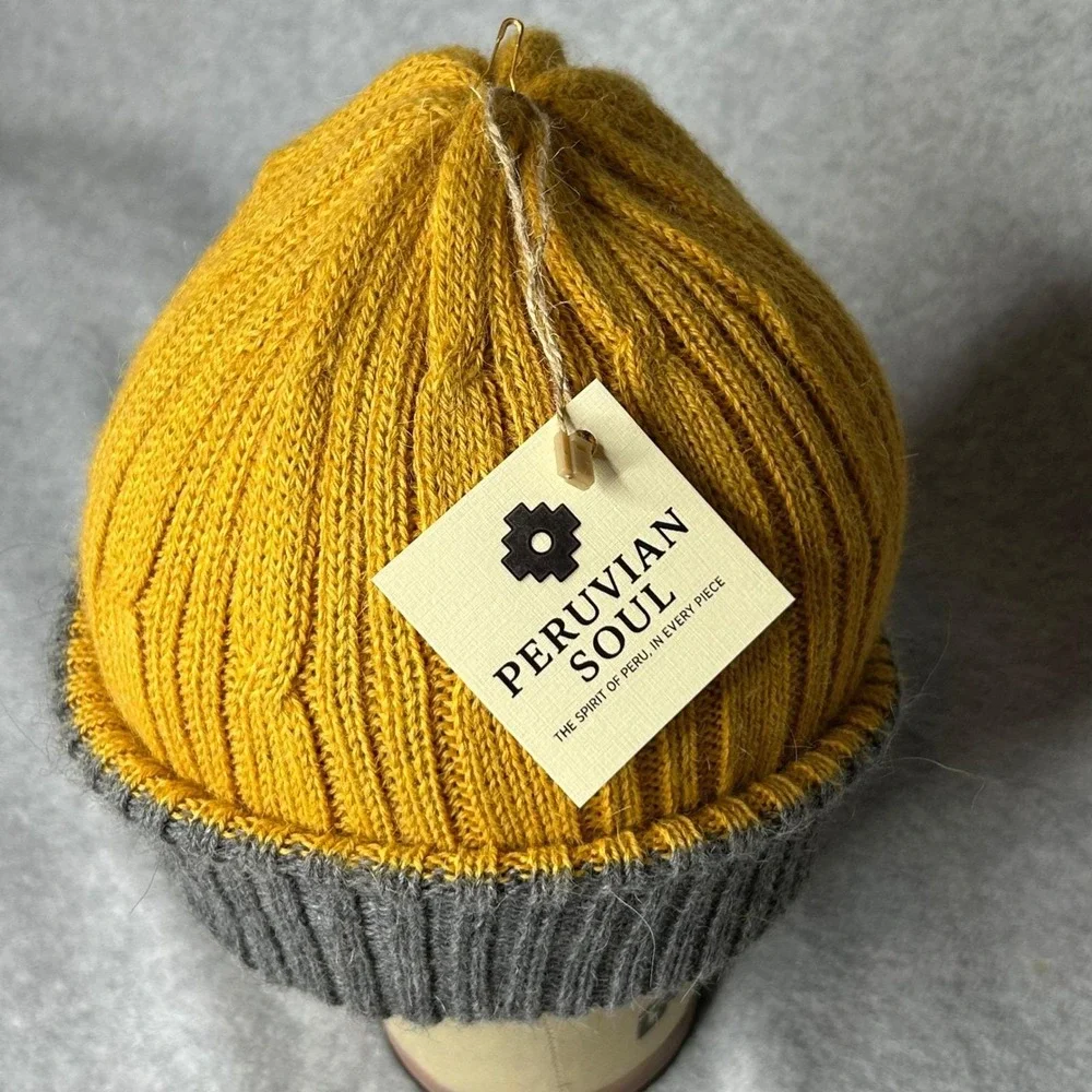 Peruvian Soul Baby Alpaca Beanie Hat Reversible Gray Yellow Ribbed‎ Knit Winter